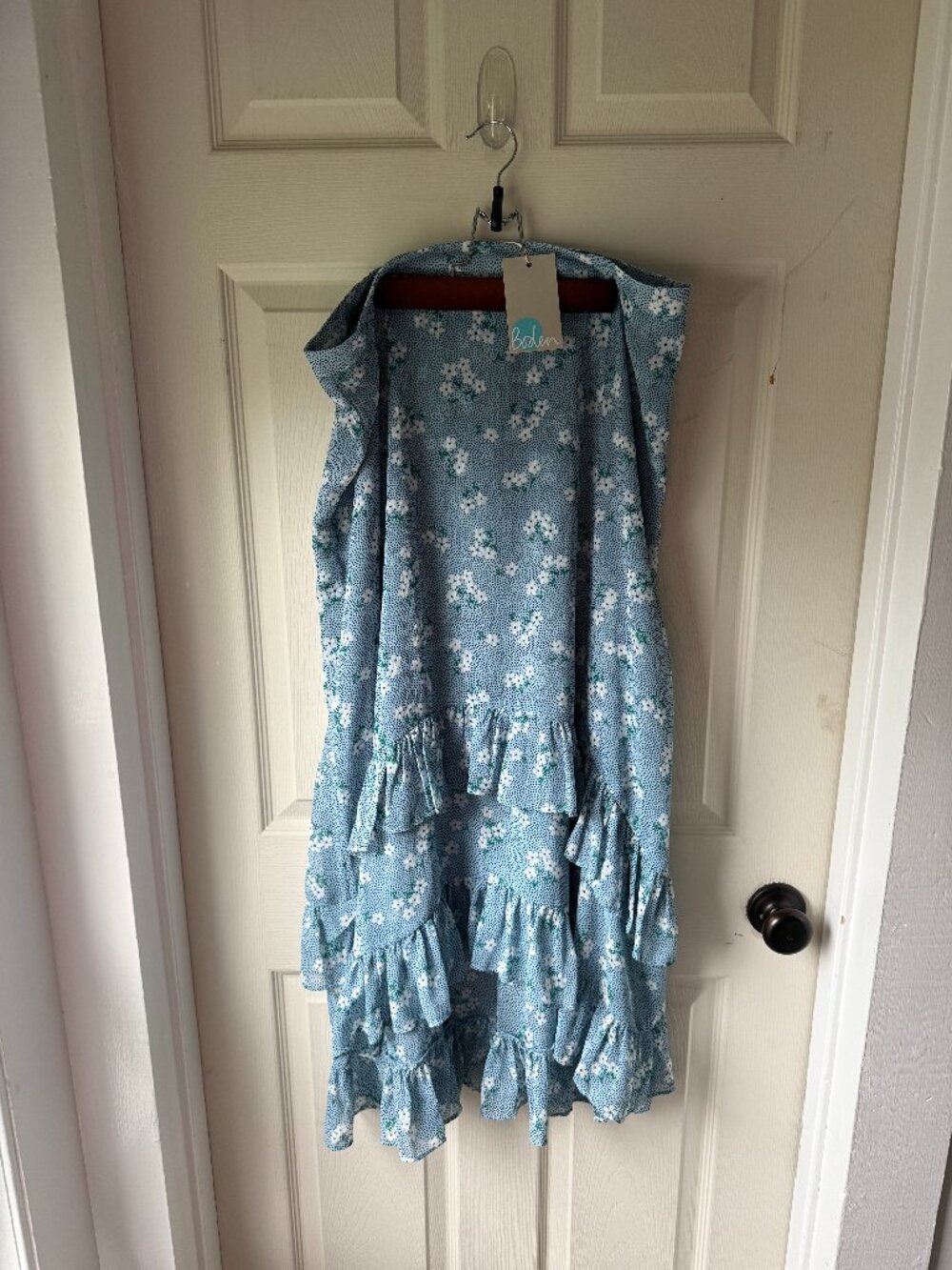 Boden Blue Floral Tiered Ruffle Satin Midi Skirt